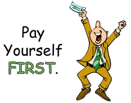 Auto Shop Profits & CashFlow service with AutoFix Auto Shop Coaching image of text Pay yourself first with clip art of business man jumping in air with excitement holding a check