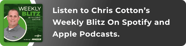 Listen To Chris Cotton's Weekly Blitz on Spotify and Apple Podcasts. To the left of this text is headshot of Chris Cotton with Weekly Blitz text and sponsor logos