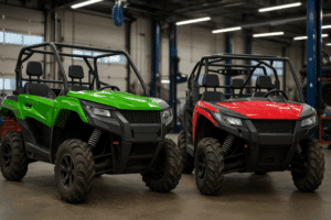 atv & utv repair shop coaching by AutoFix Auto Shop Coaching. Green and red off-road UTVs parked in an auto repair shop, showcasing rugged suspension systems and durable builds ready for trail adventures.