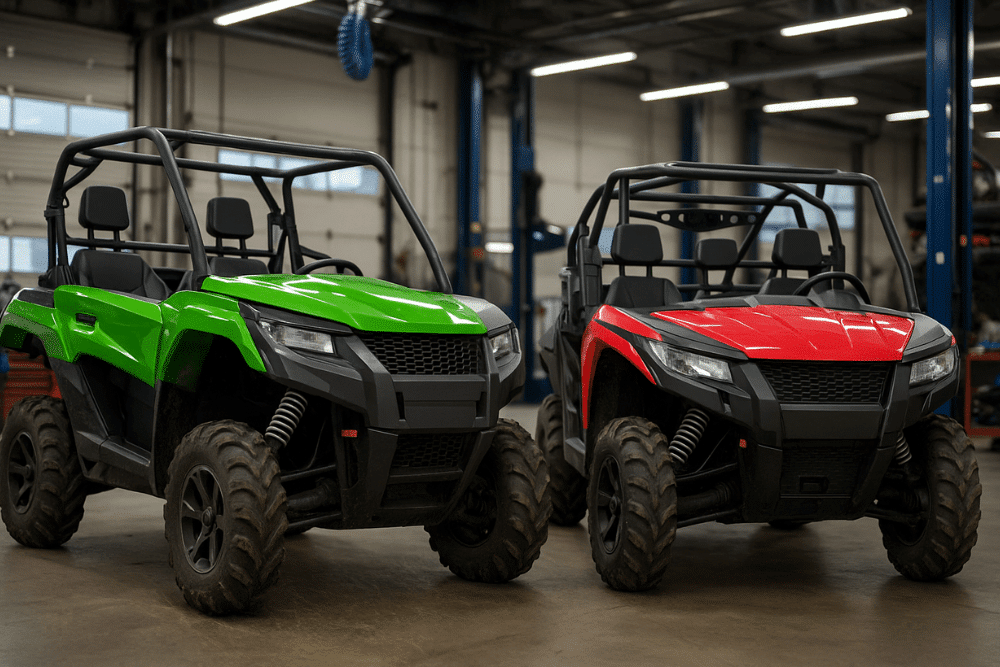 atv & utv repair shop coaching by AutoFix Auto Shop Coaching. Green and red off-road UTVs parked in an auto repair shop, showcasing rugged suspension systems and durable builds ready for trail adventures.