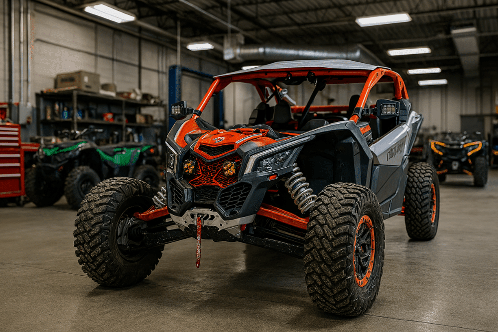 ATV UTV repair shop coaching by AutoFix Auto Shop Coaching. A brightly colored off-road UTV sits in a clean, well-lit repair shop alongside other vehicles.