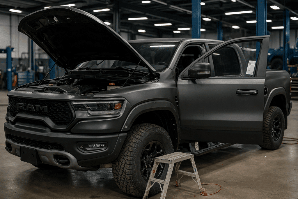 diesel repair shop coaching by AutoFix Auto Shop Coaching. A RAM truck with its hood and door open undergoing diagnostics inside a well-lit repair facility.
