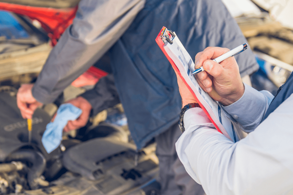 Auto repair shop coaching in the USA by AutoFix Auto Shop Coaching. Image of a service advisor writing notes on a clipboard while a technician checks engine oil, highlighting the focus on efficiency, accuracy, and customer trust.