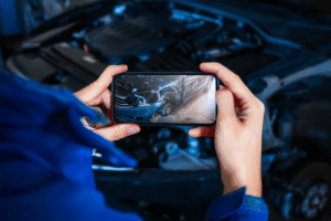Car repair advertising, auto shop coaching by AutoFix Auto Shop Coaching. Image of a technician using a smartphone to document vehicle repair findings during inspection, improving transparency and customer communication.