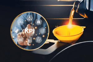 Quick lube shop coaching, auto shop coaching by AutoFix Auto Shop Coaching. Image of motor oil being poured into a vehicle engine through a funnel, with KPI performance icons overlay, representing quick lube shop coaching focused on improving oil change operations, efficiency, and business performance.
